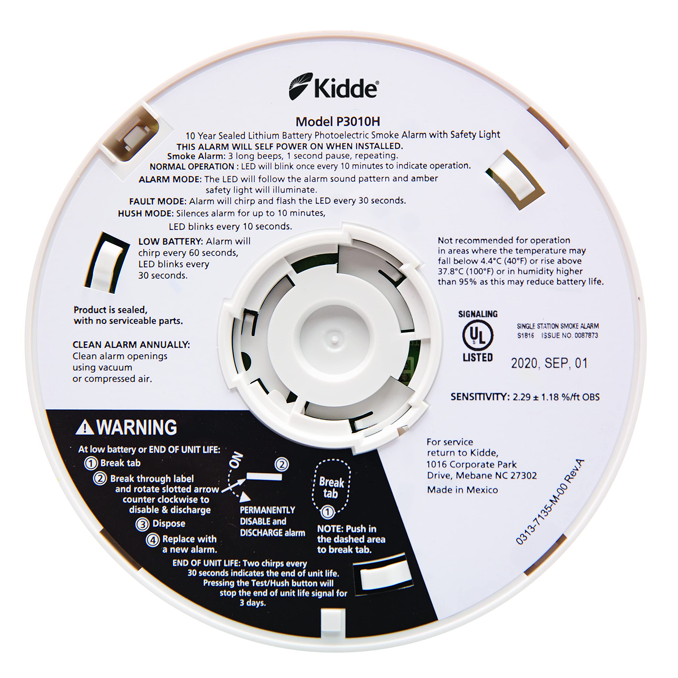 Kidde alarm sounds at 85 dB with red LED indicator