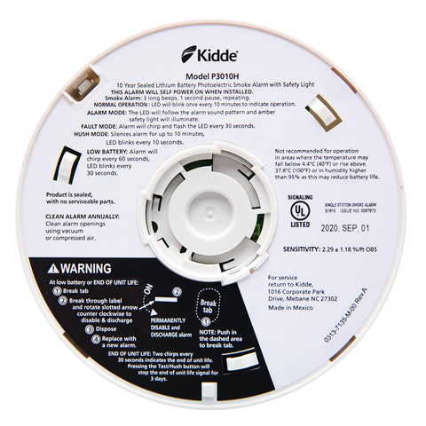Kidde alarm sounds at 85 dB with red LED indicator