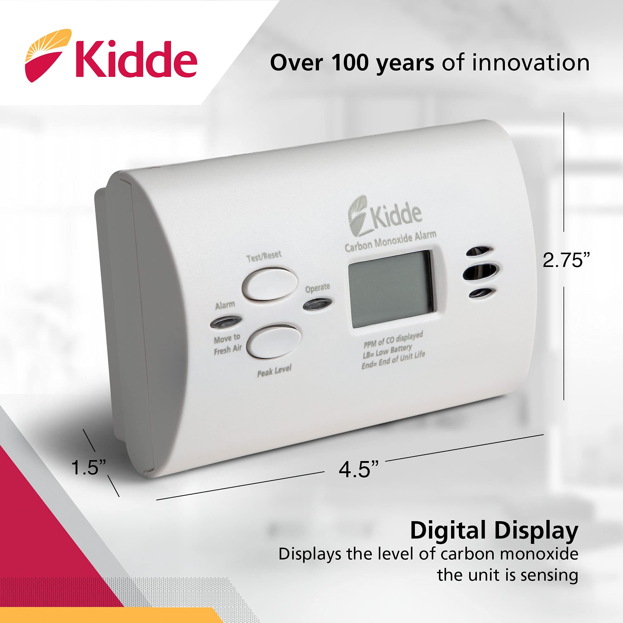 Kidde battery-powered CO detector operates without wiring.
