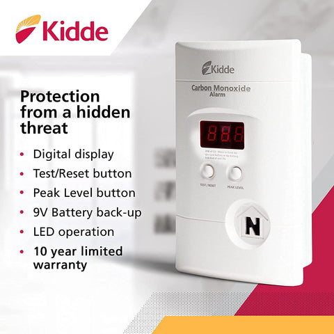 Kidde CO detector emits an 85 dB alarm when CO is detected.
