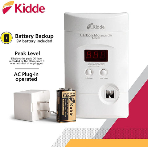Kidde CO detector showing backup battery and wall outlet connection.