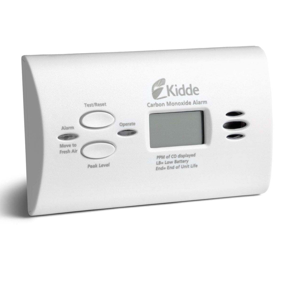 Kidde KN-COPP-B-LPM CO detector with digital display for easy level monitoring.
