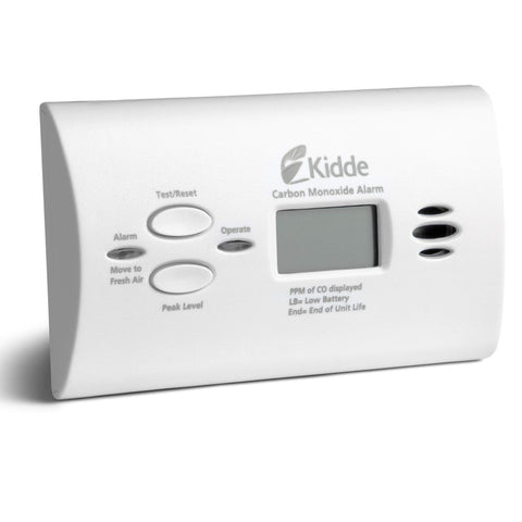 Kidde KN-COPP-B-LPM CO detector with digital display for easy level monitoring.