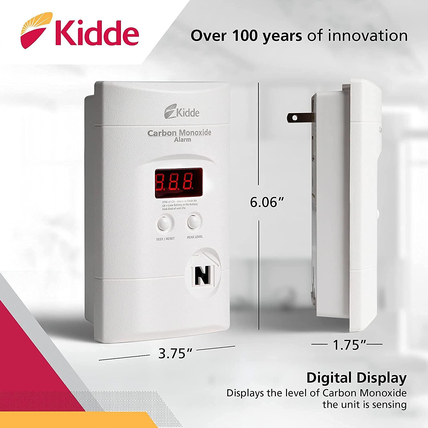 Kidde detector with digital LED display indicating CO level in real time.