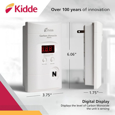 Kidde detector with digital LED display indicating CO level in real time.