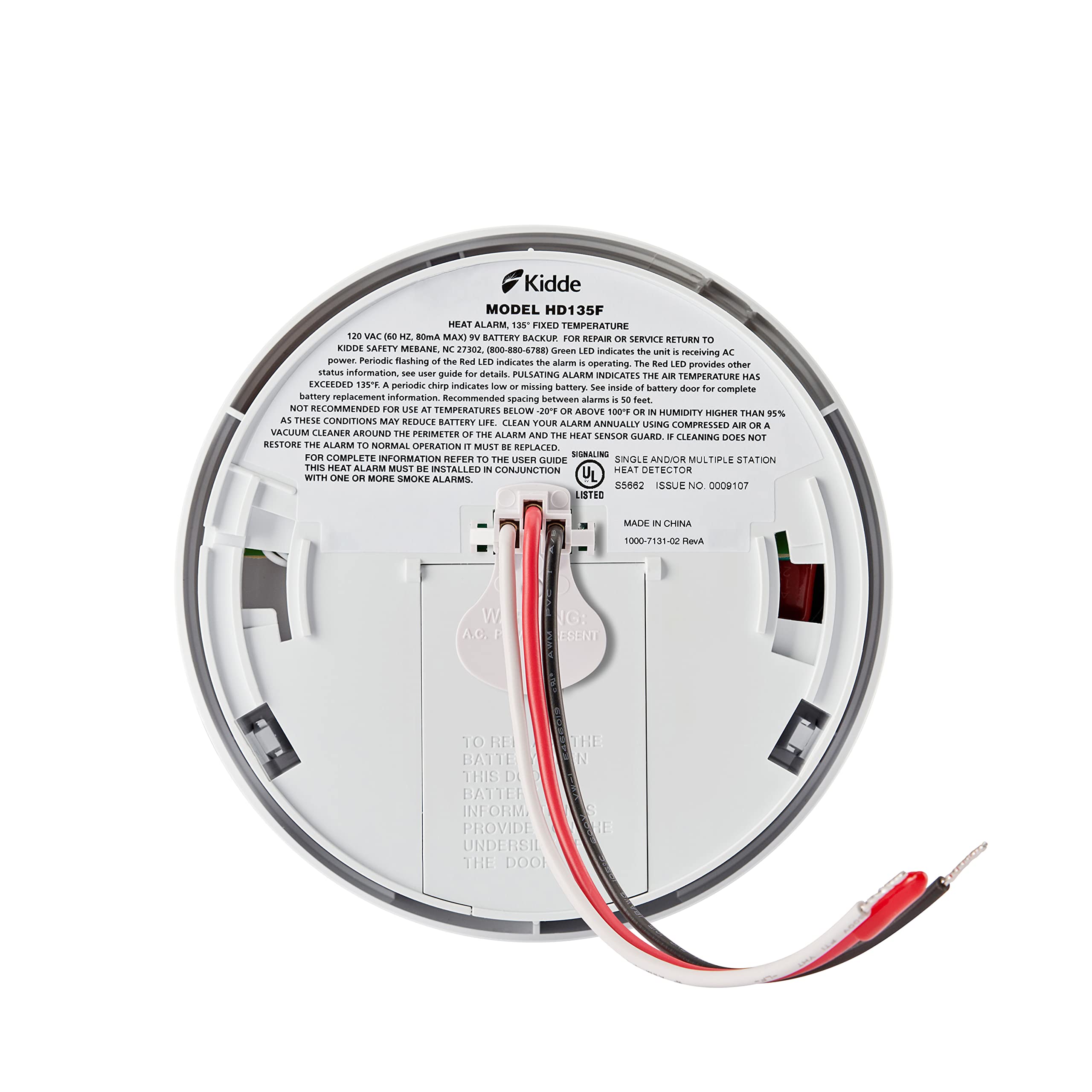 Kidde HD135F heat detector back view illustrating mounting plate and wiring access