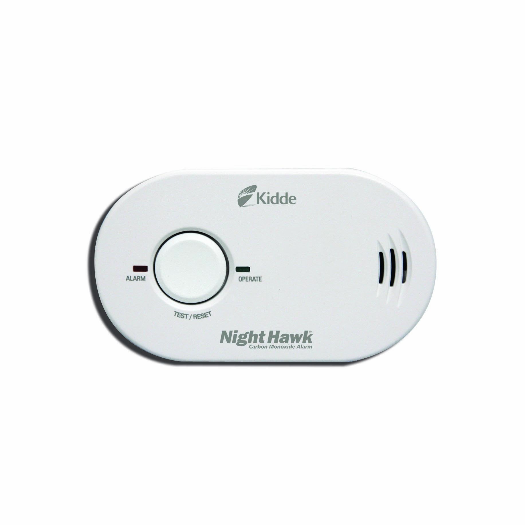 Kidde Nighthawk CO alarm front view showing compact design for any room