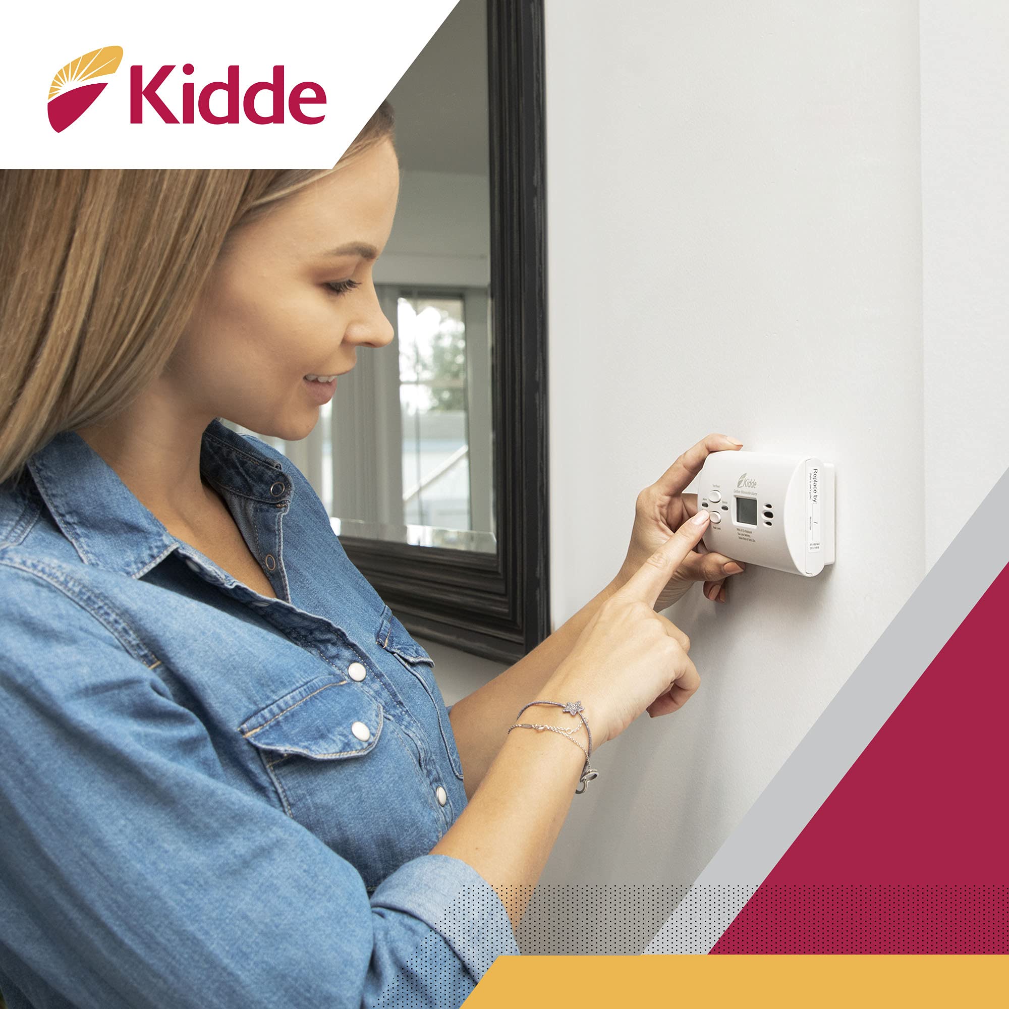 Kidde red LED and 85 dB alarm indicating CO presence.