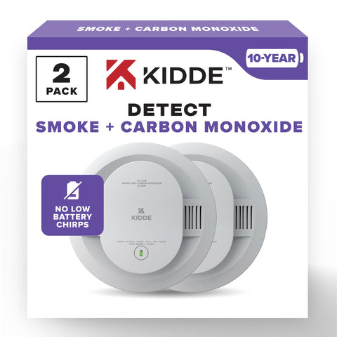 Kidde 2-in-1 detector shows smoke and CO detection for comprehensive alerts.