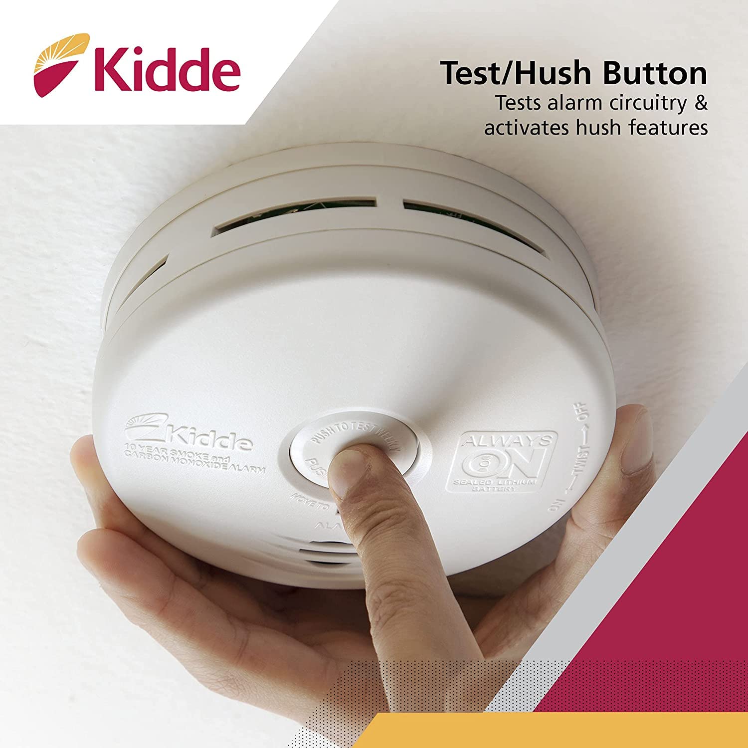 85 decibel alarm and red LED indicate detection of smoke or CO