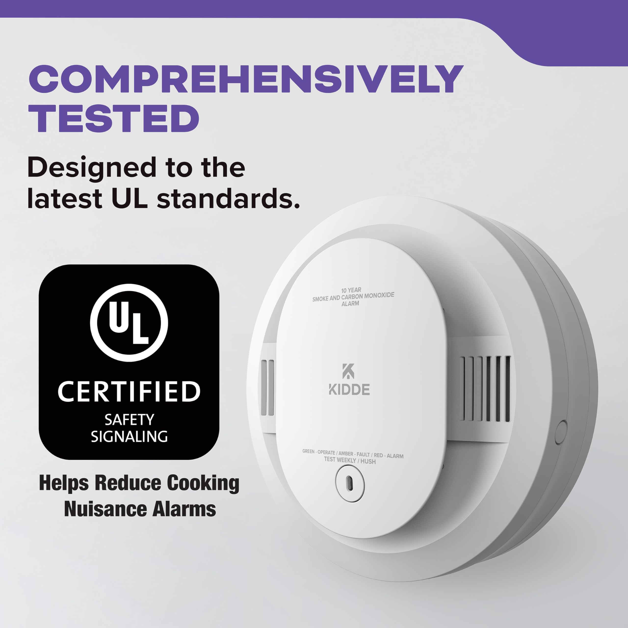 Kidde self-test indicator shows ongoing reliability checks for the unit.