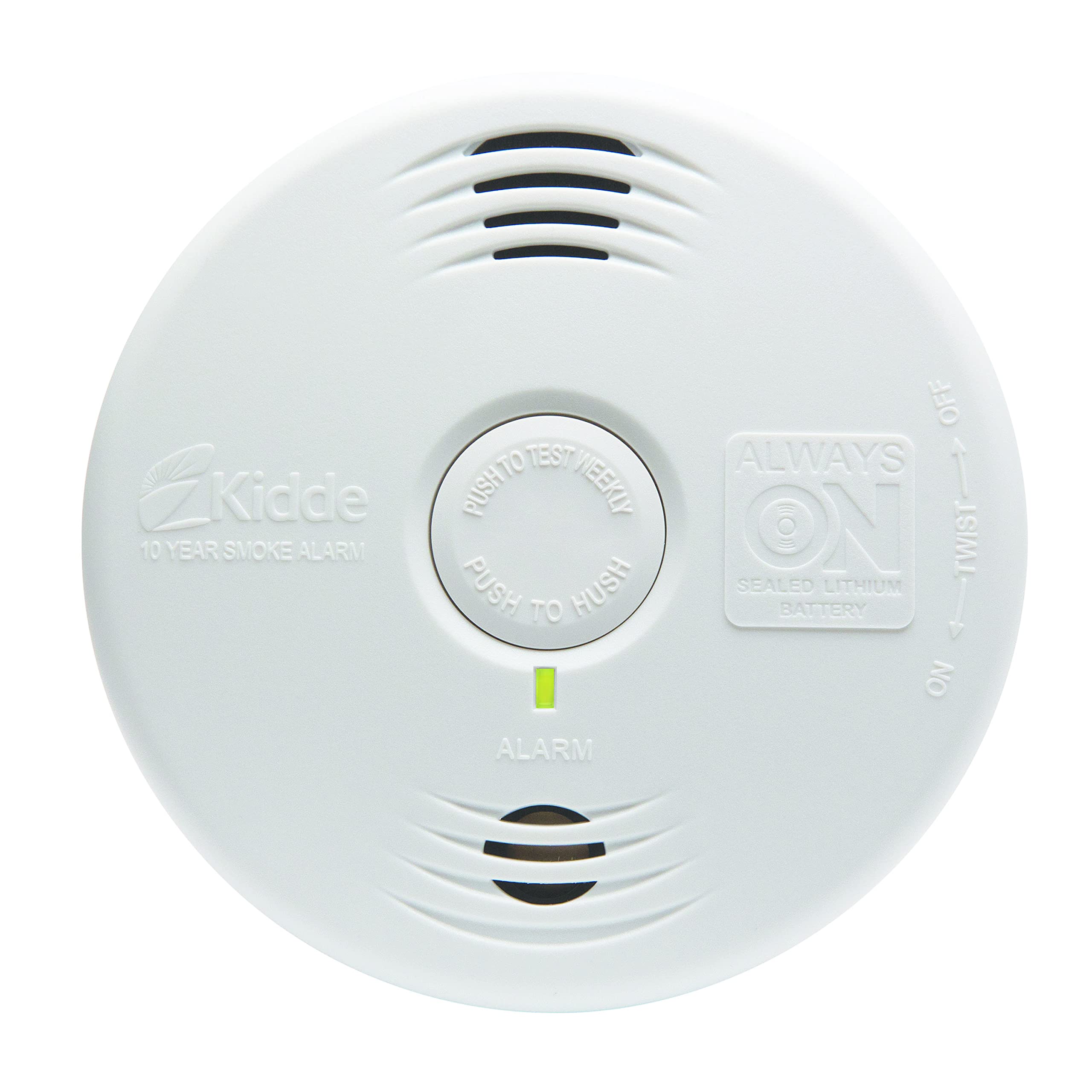 Kidde smoke detector 85-decibel alarm close-up for prompt alerts.