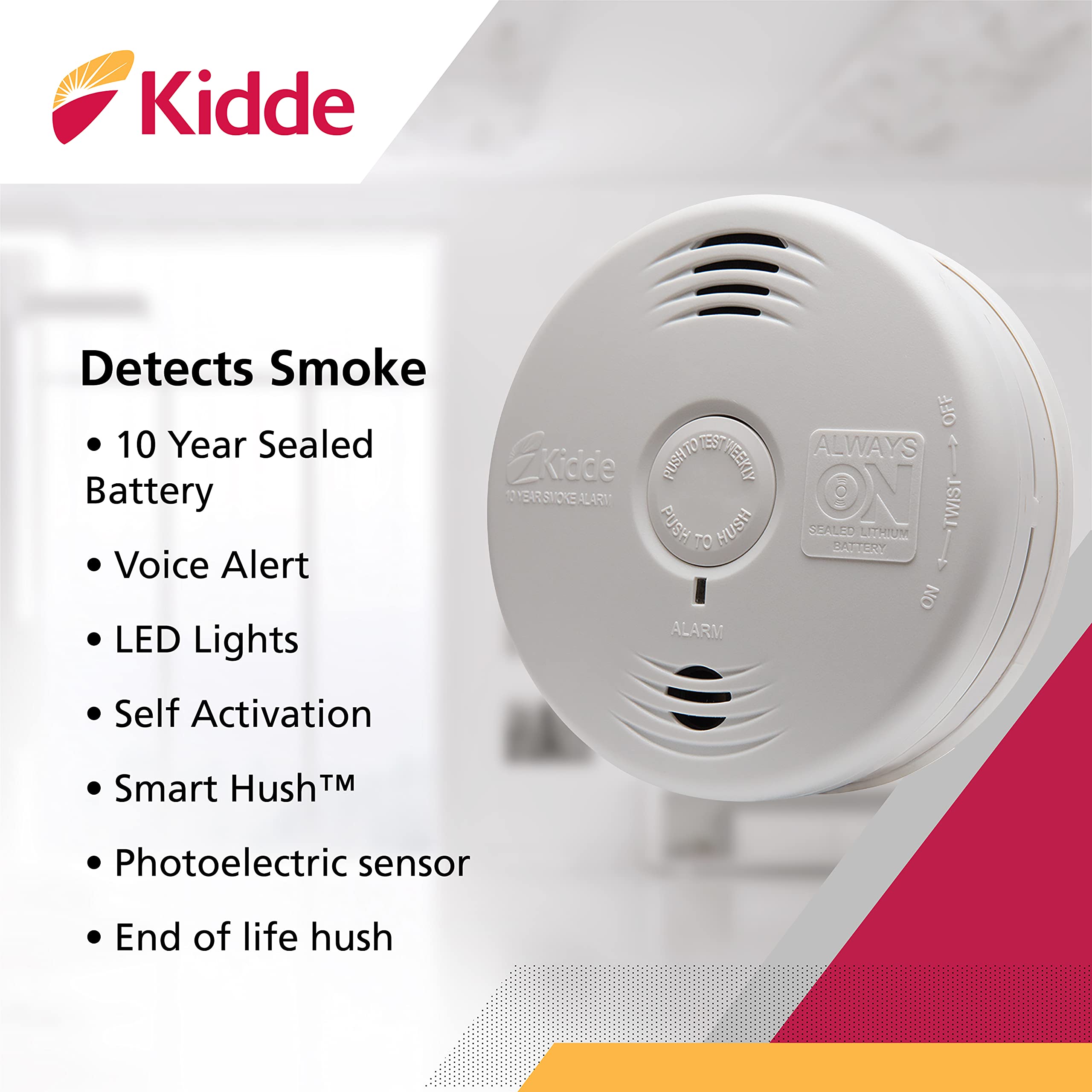 Kidde smoke detector ceiling mount showing 10-year battery for reliable power during outages.