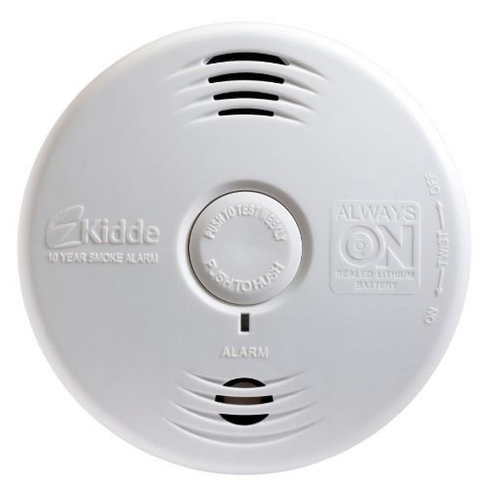 Kidde smoke detector front view with test button for easy safety checks.