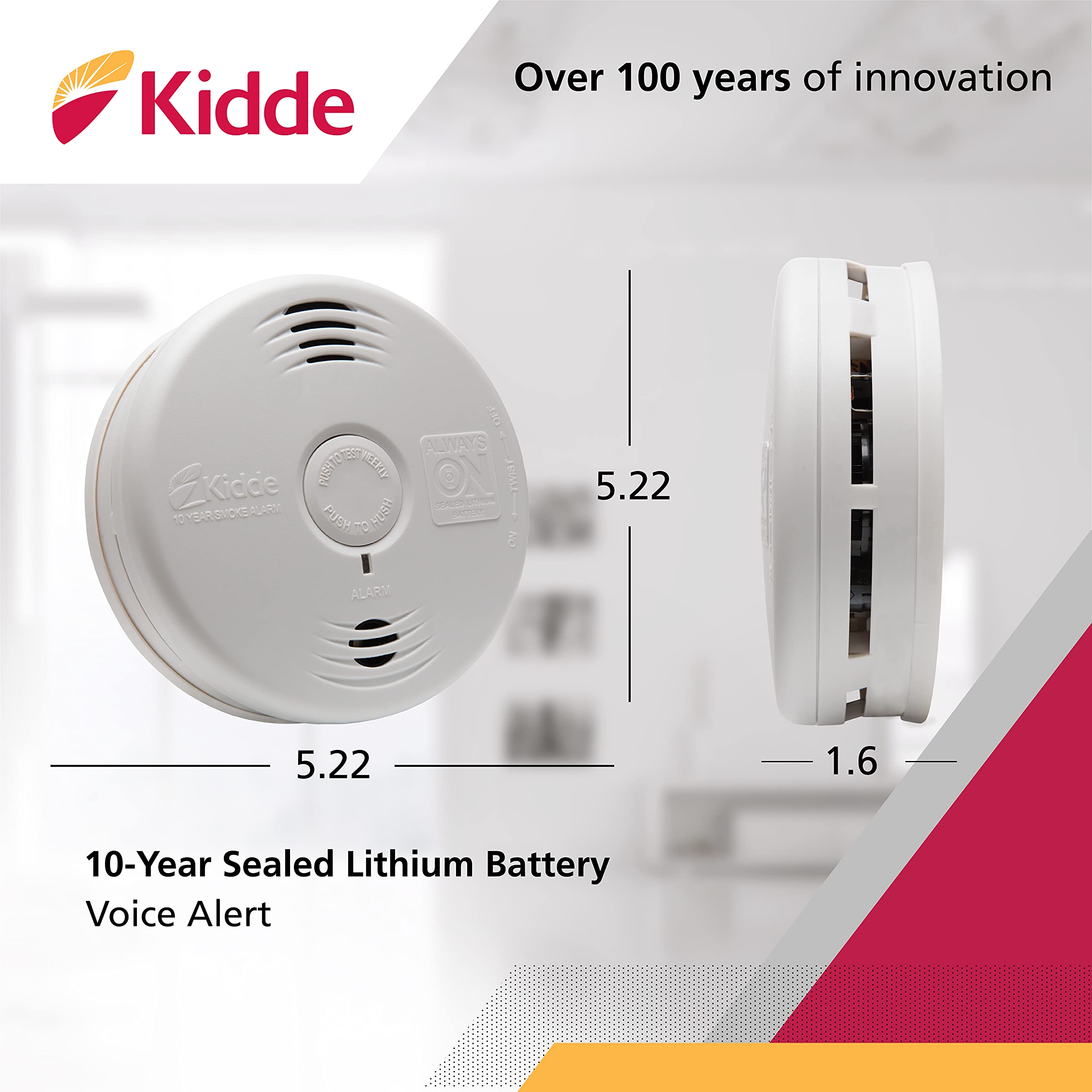 Kidde smoke detector side view highlighting slim profile and clear alert indicator.