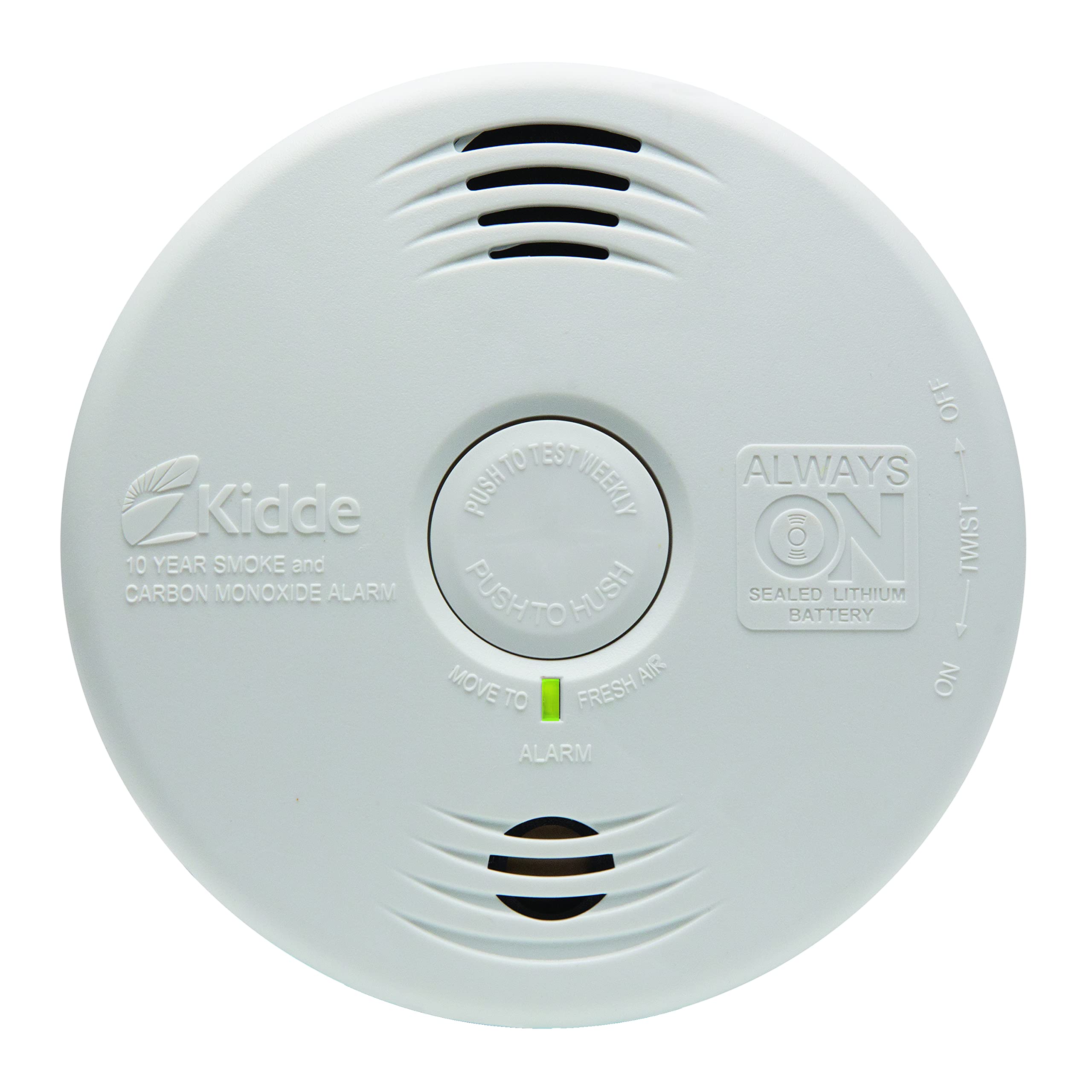 Kidde test-hush button close-up for silencing false alarms safely.