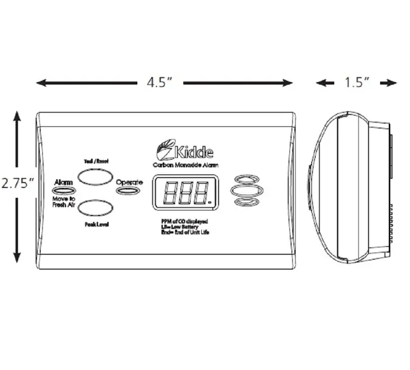 Kidde CO detector features red and green LEDs indicating status and alerts.