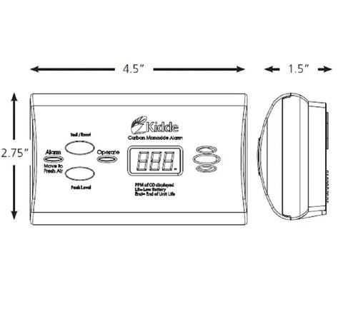 Kidde CO detector features red and green LEDs indicating status and alerts.