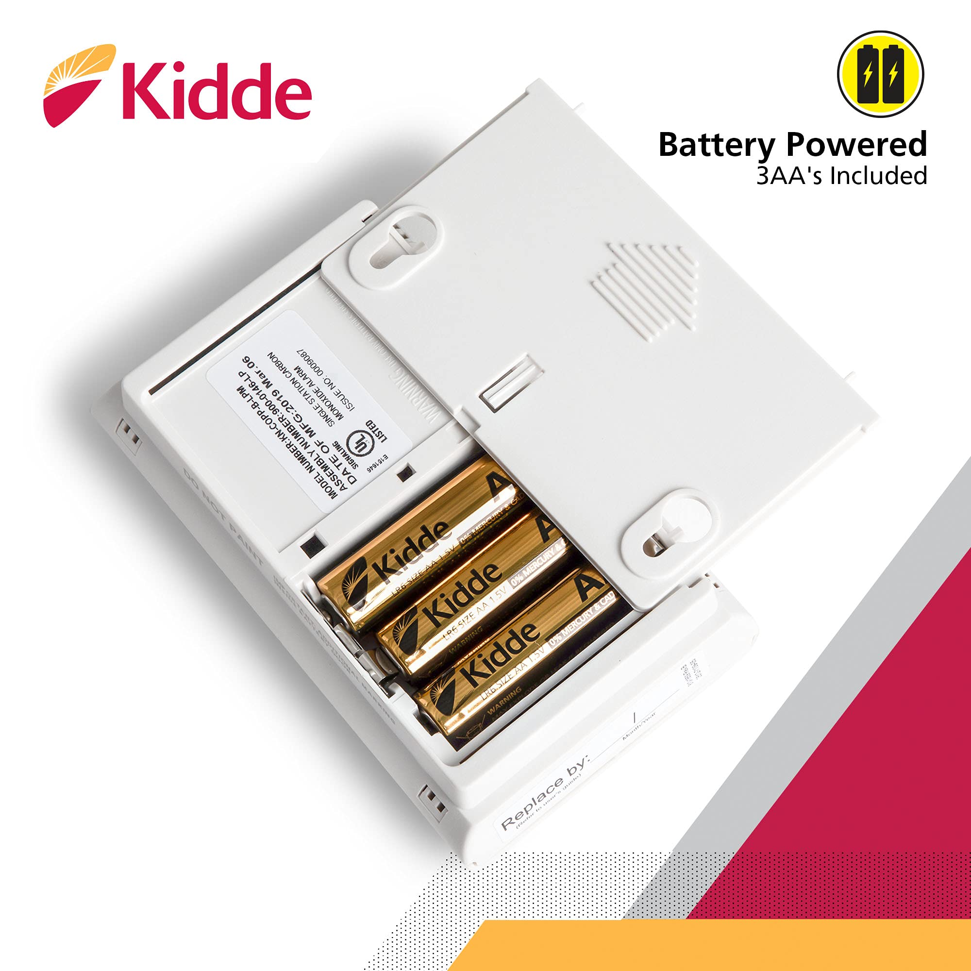 Kidde CO detector mounted on wall or tabletop for flexible placement.