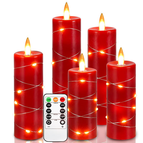Kiexung Red Flameless Candle Fairy Light with soft string lights creates a warm ambiance for holidays.