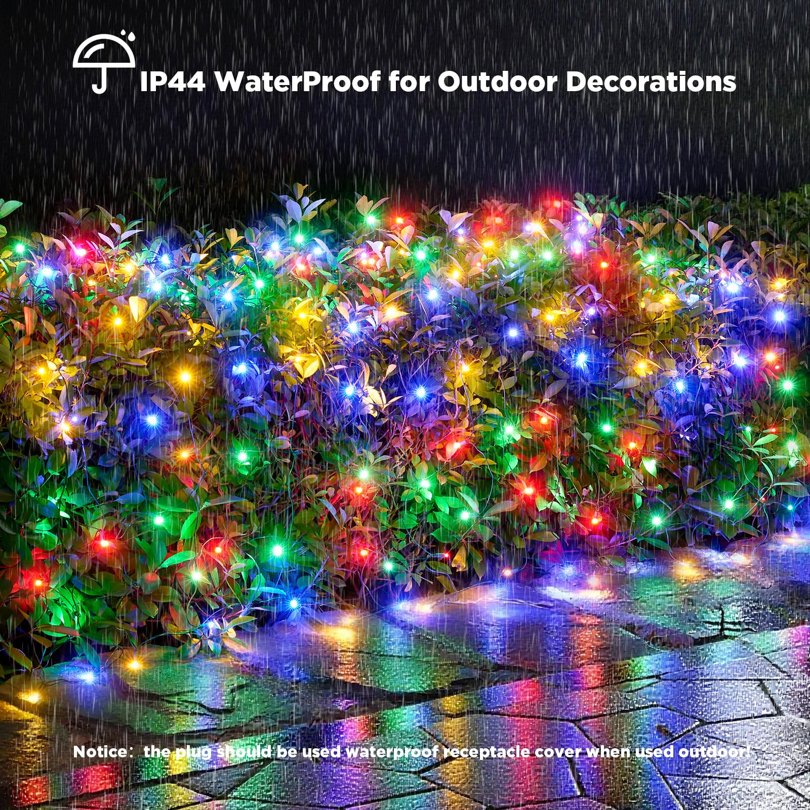 KiflyTooin IP44 waterproof net lights withstand rain for year-round outdoor use.