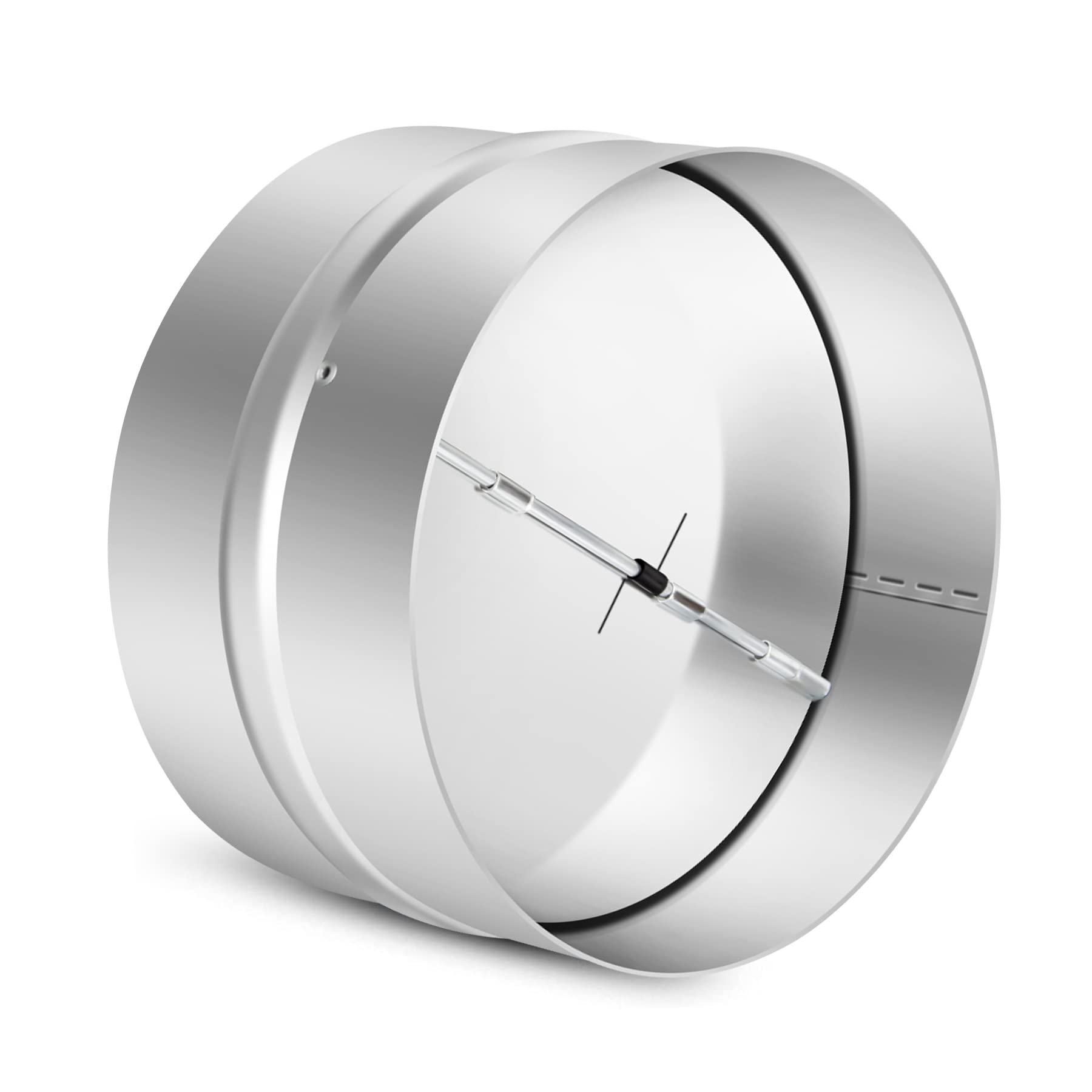 Kikerike 6-inch backdraft damper with aluminum flap for controlled airflow in ducts.