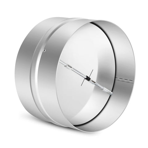 Kikerike 6-inch backdraft damper with aluminum flap for controlled airflow in ducts.