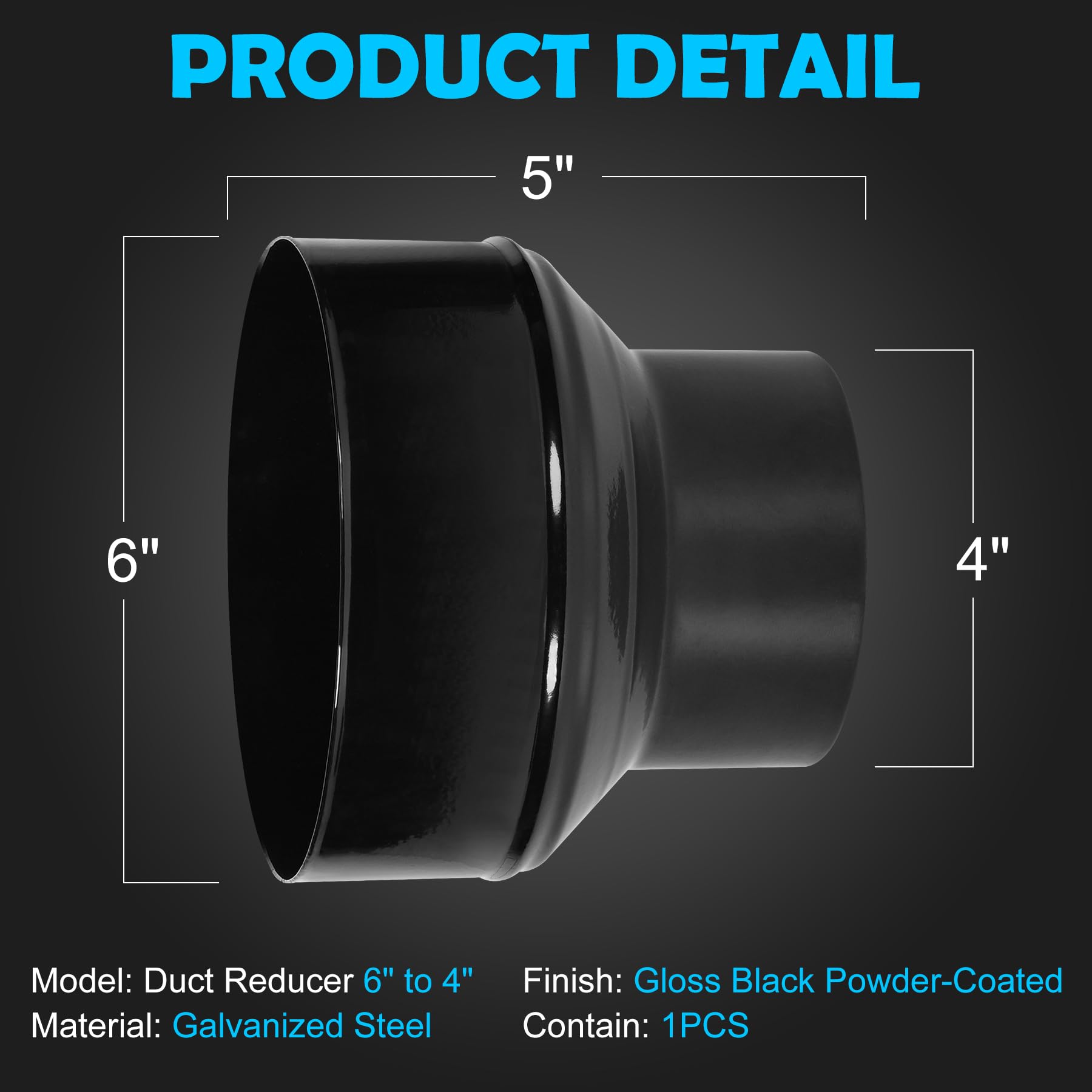 Kikerike air duct adapter 6in to 4in simplifies ducting and connections.