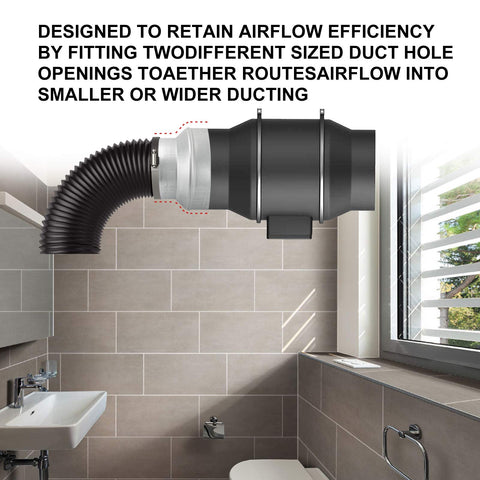 Kikerike bathroom ventilation setup shows robust round ducting adaptor for reliable airflow