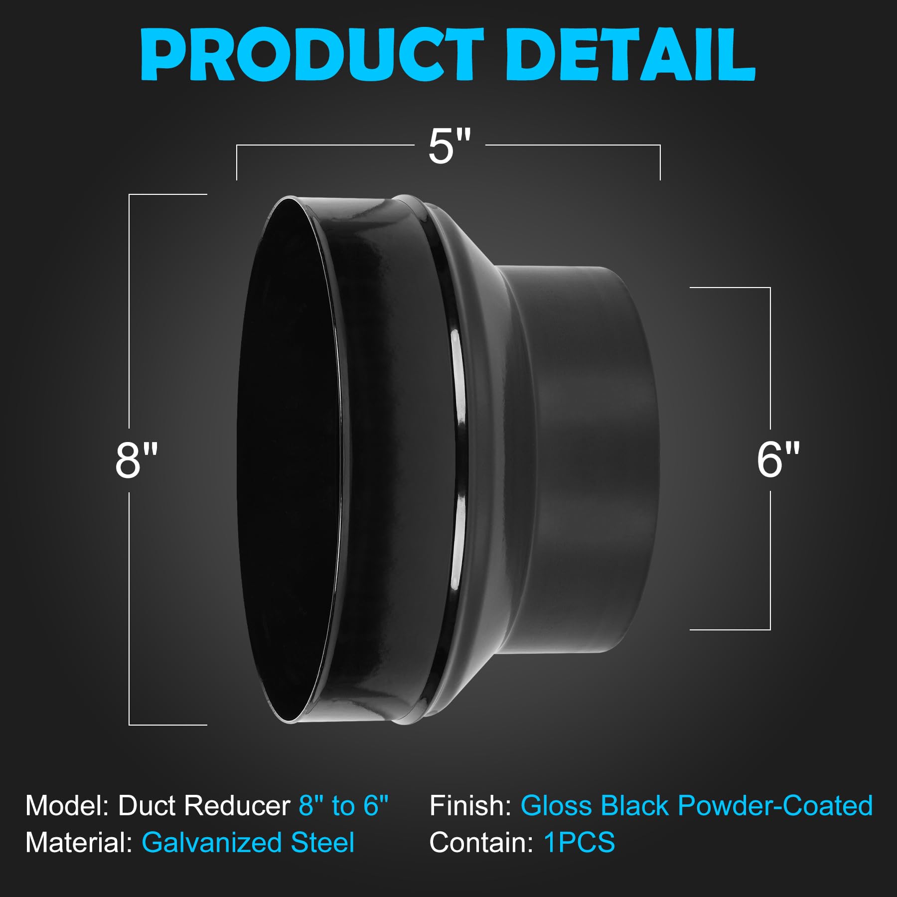 Kikerike duct reducer 8-to-6 inch side view showing compact galvanized steel design.