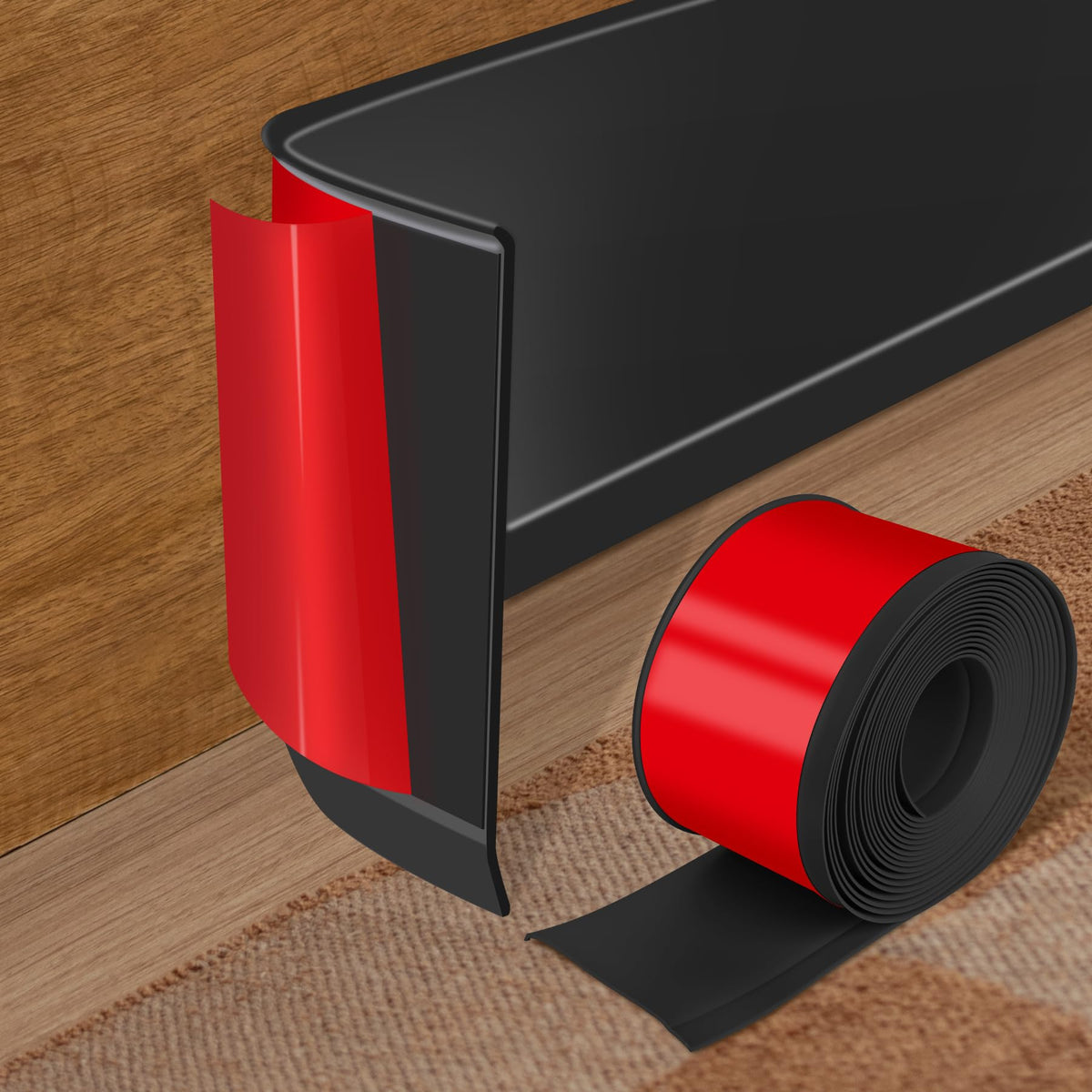 Kikerike vinyl baseboard with peel-and-stick back for fast, mess-free installation.