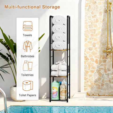 KIMBORA narrow towel storage stand base detail illustrating stability on uneven floors.