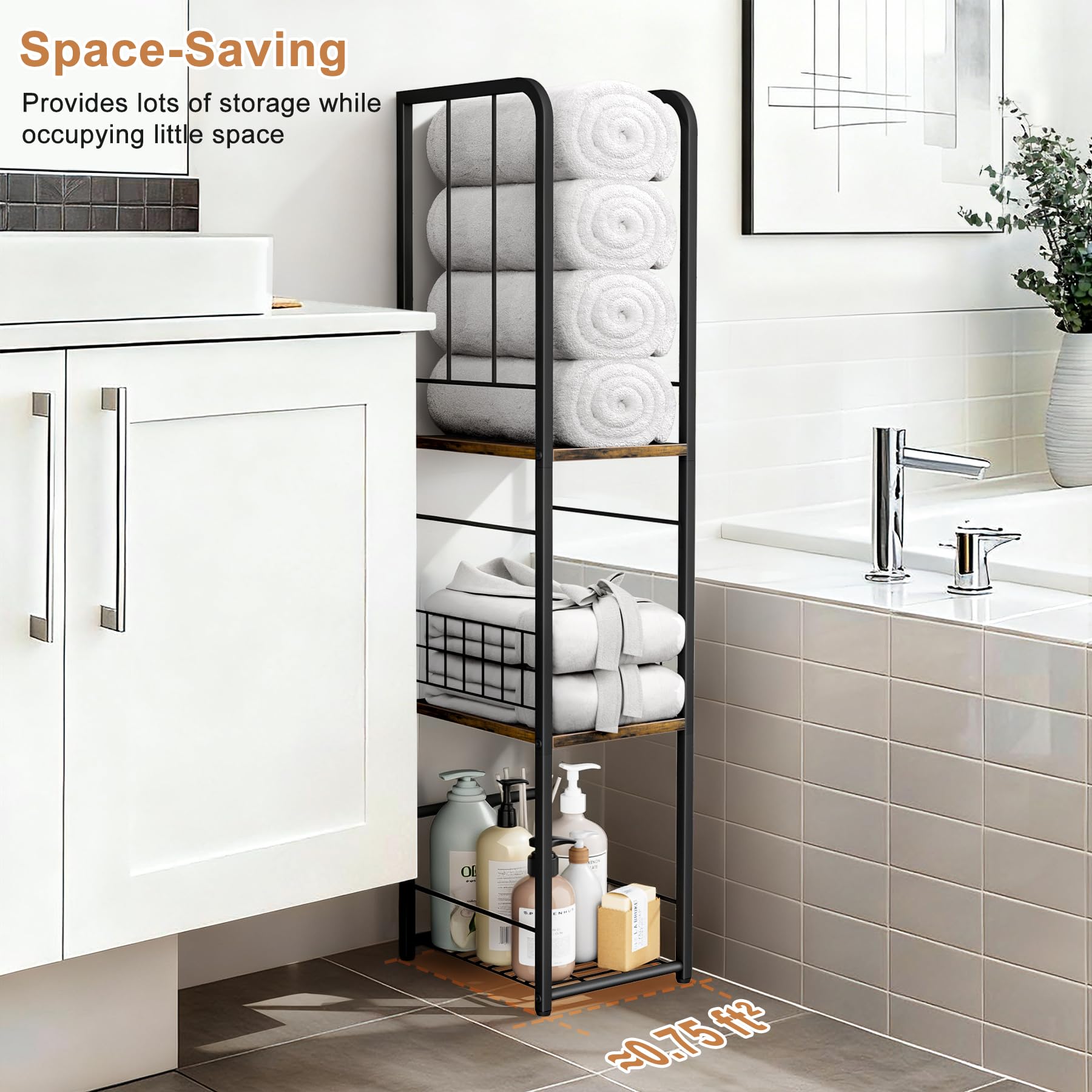 KIMBORA narrow towel storage stand in a bathroom corner with towels ready for use.