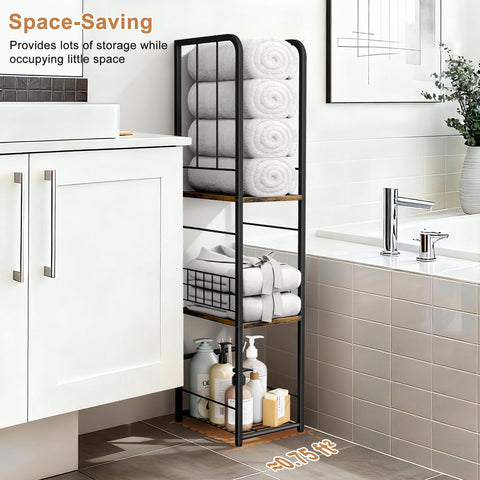 KIMBORA narrow towel storage stand in a bathroom corner with towels ready for use.