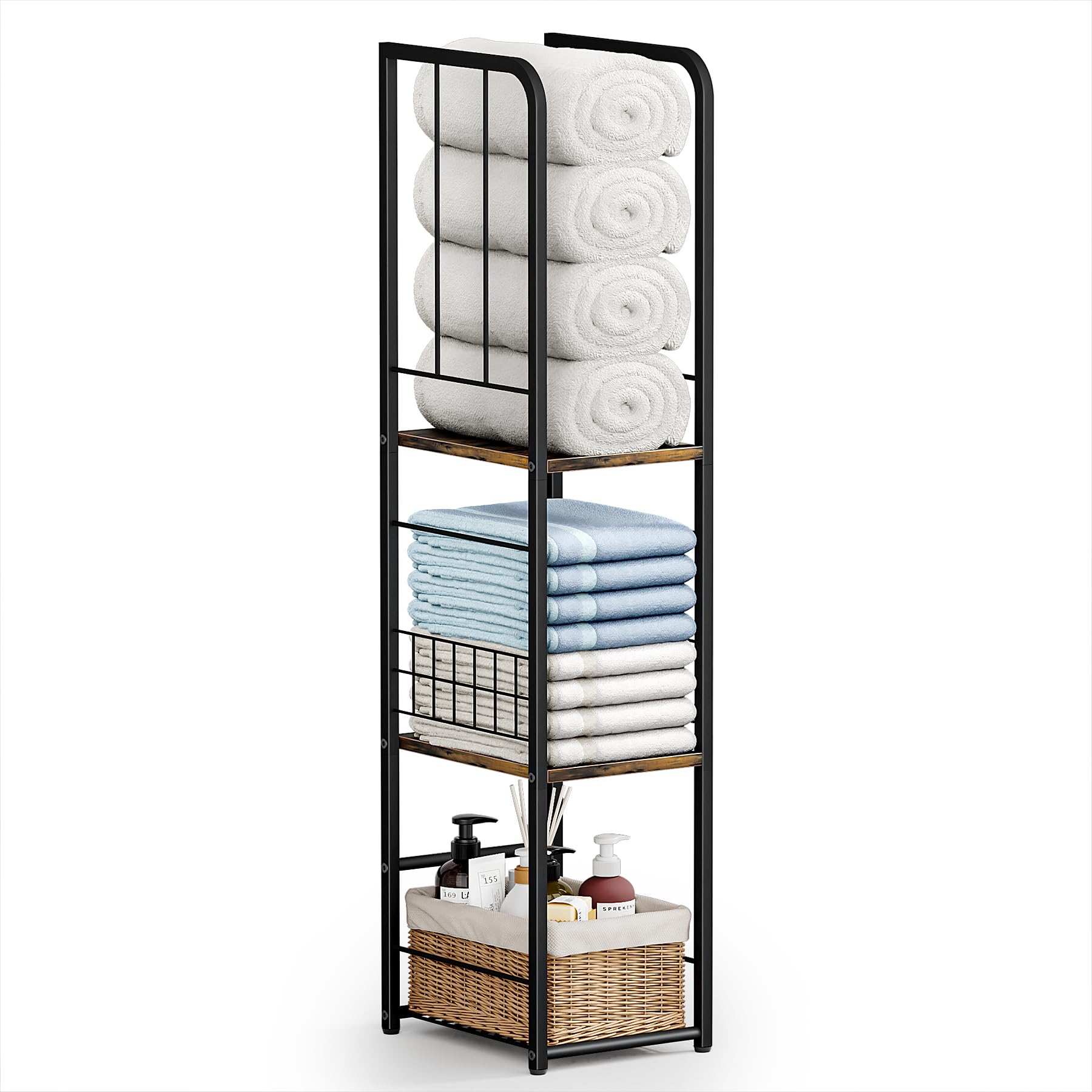 KIMBORA narrow towel storage stand front view shows space-saving design for a compact bathroom.