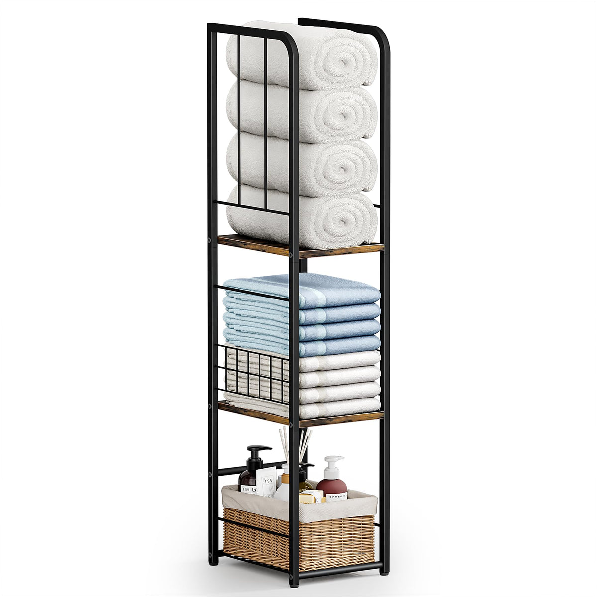 KIMBORA narrow towel storage stand front view shows space-saving design for a compact bathroom.