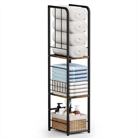 KIMBORA narrow towel storage stand front view shows space-saving design for a compact bathroom.
