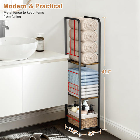 KIMBORA narrow towel storage stand close-up on reinforced wooden shelves and metal frame.