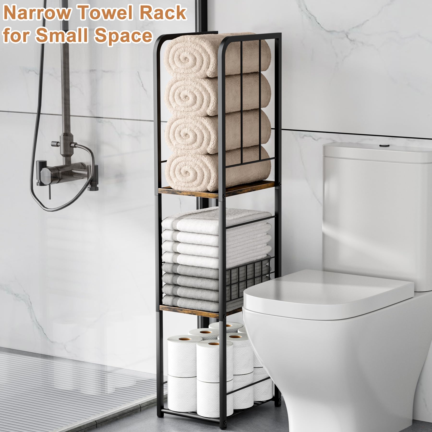 KIMBORA narrow towel storage stand side view highlights slim footprint and three-tier layout.