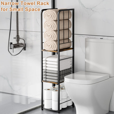 KIMBORA narrow towel storage stand side view highlights slim footprint and three-tier layout.