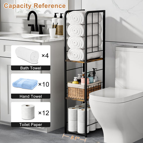 KIMBORA narrow towel storage stand top view reveals shelf arrangement and vertical storage.