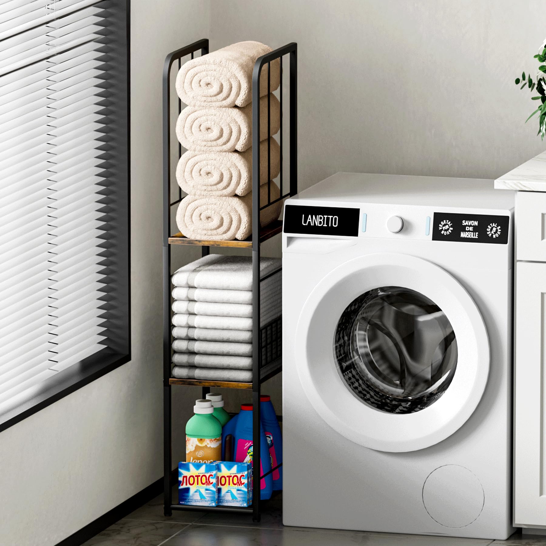 KIMBORA narrow towel storage stand with towels ready for daily use.
