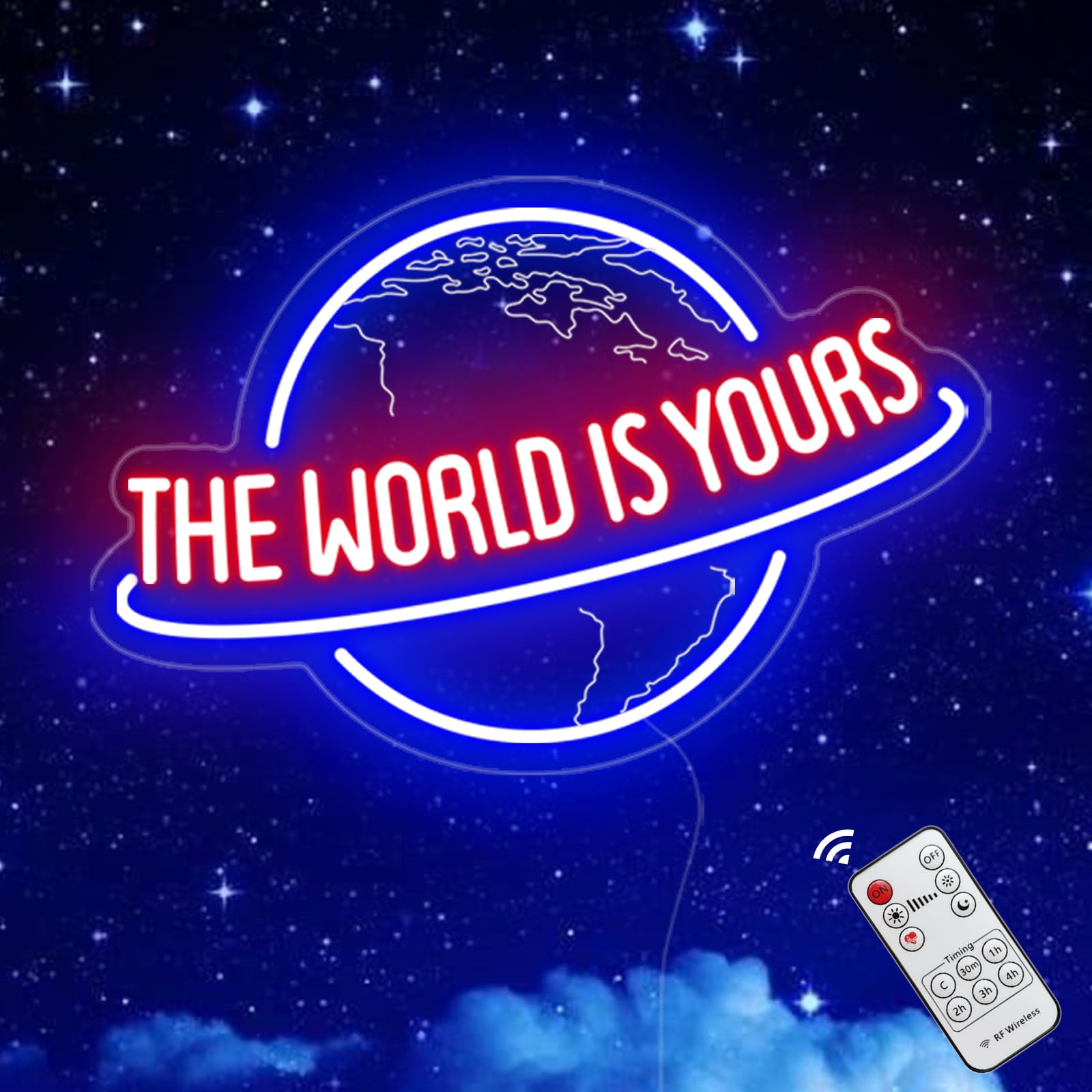 KiMineon World Is Yours neon sign enhances wall decor with vibrant ambient light.