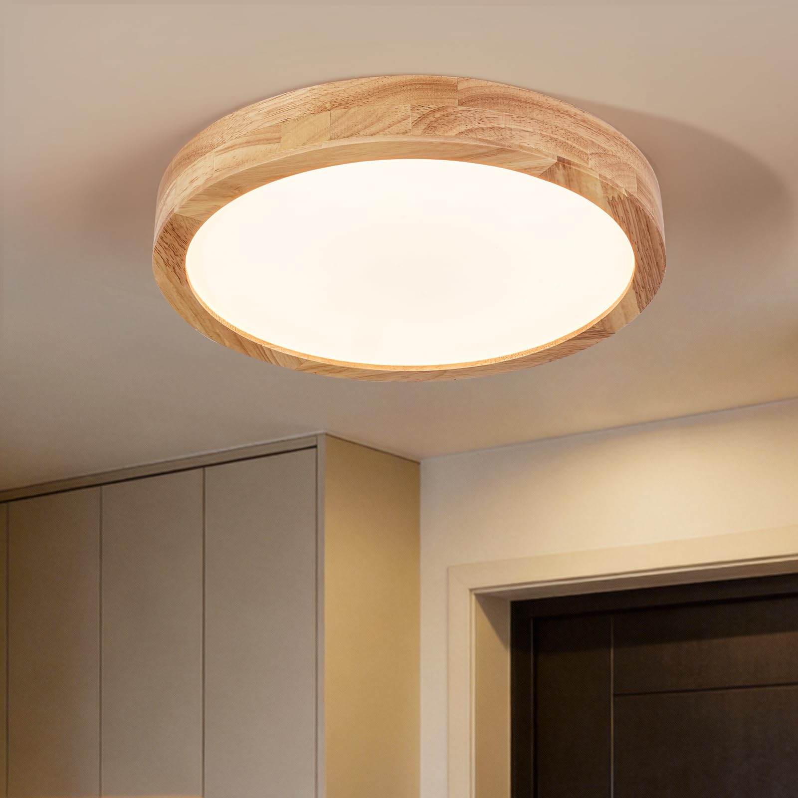 Kimjo modern wood flush mount with oak frame provides soft ambient light