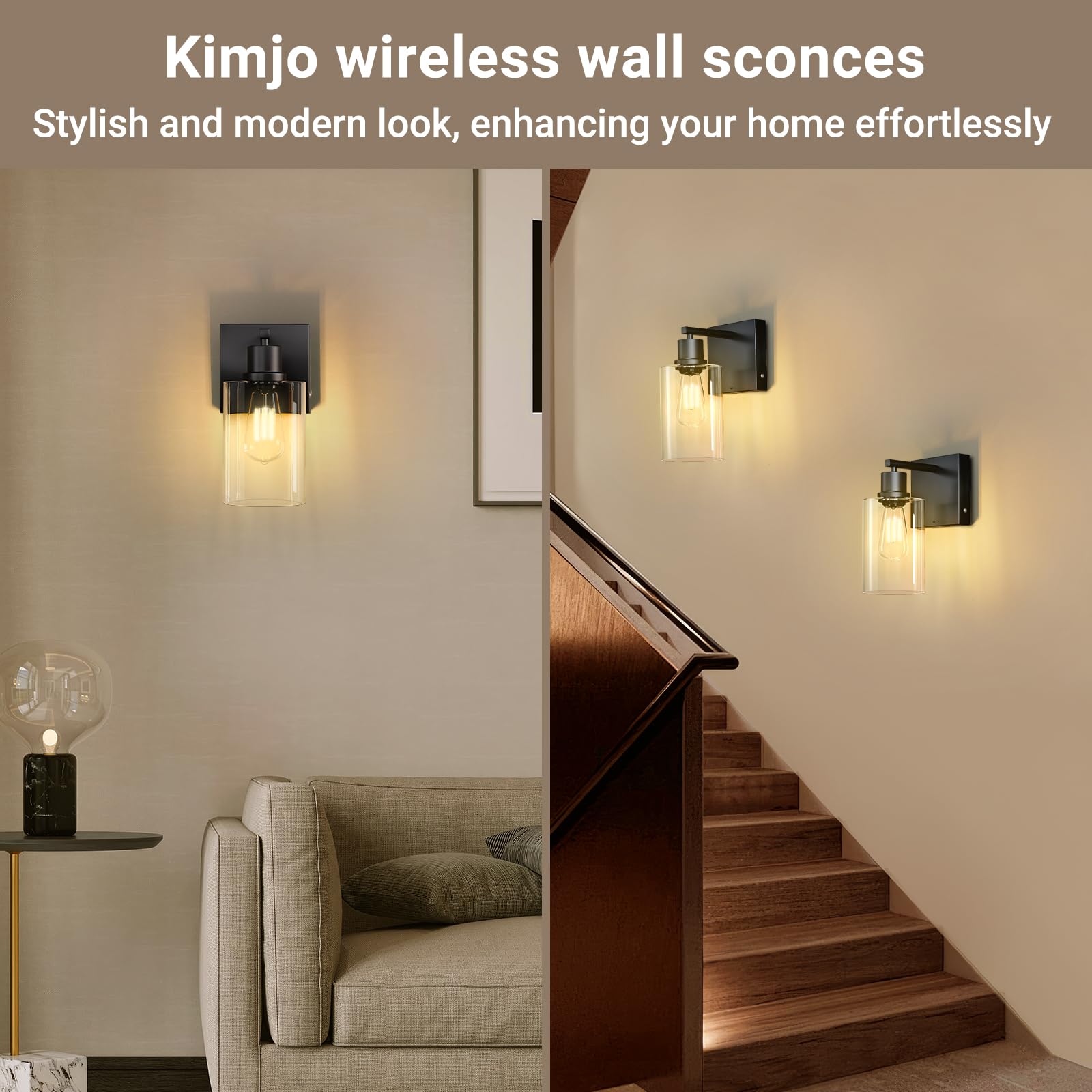 Kimjo packaging shows two sconces with remote controls and bulbs