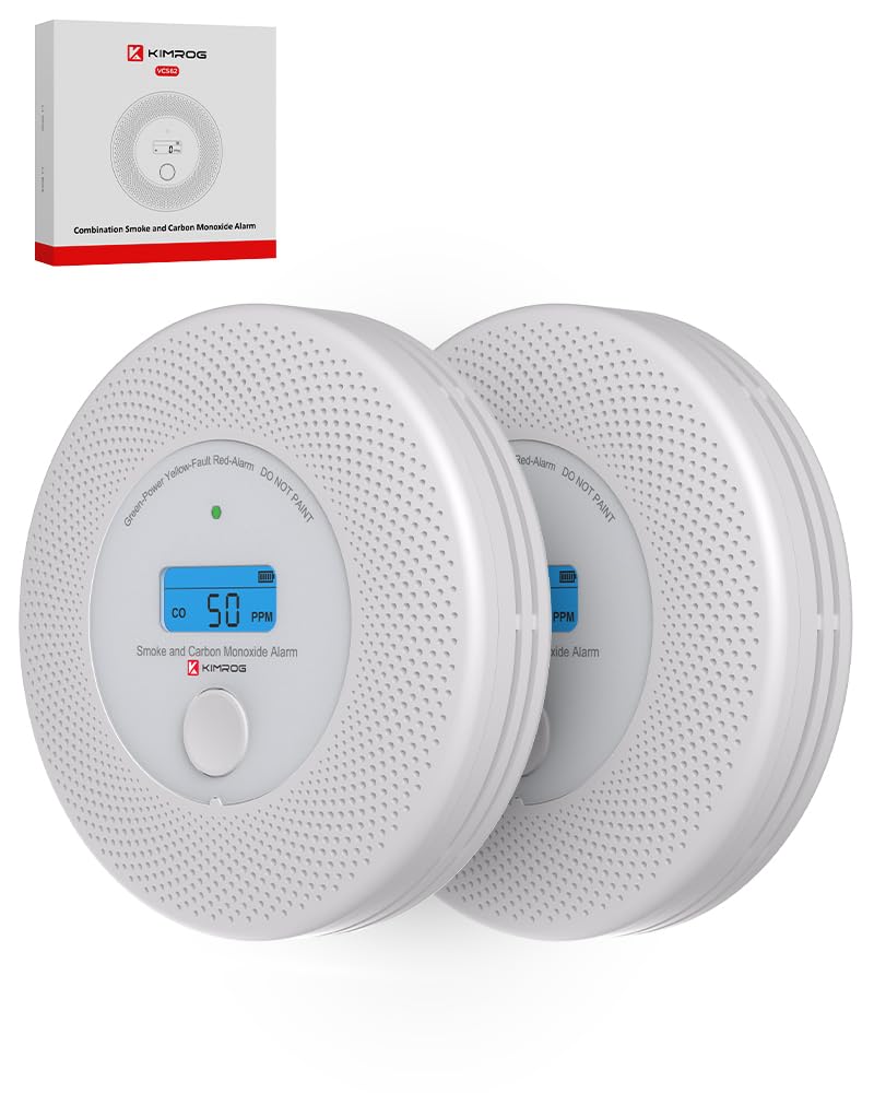 KIMROG 10-year sealed battery smoke and CO detector front view with LCD display.