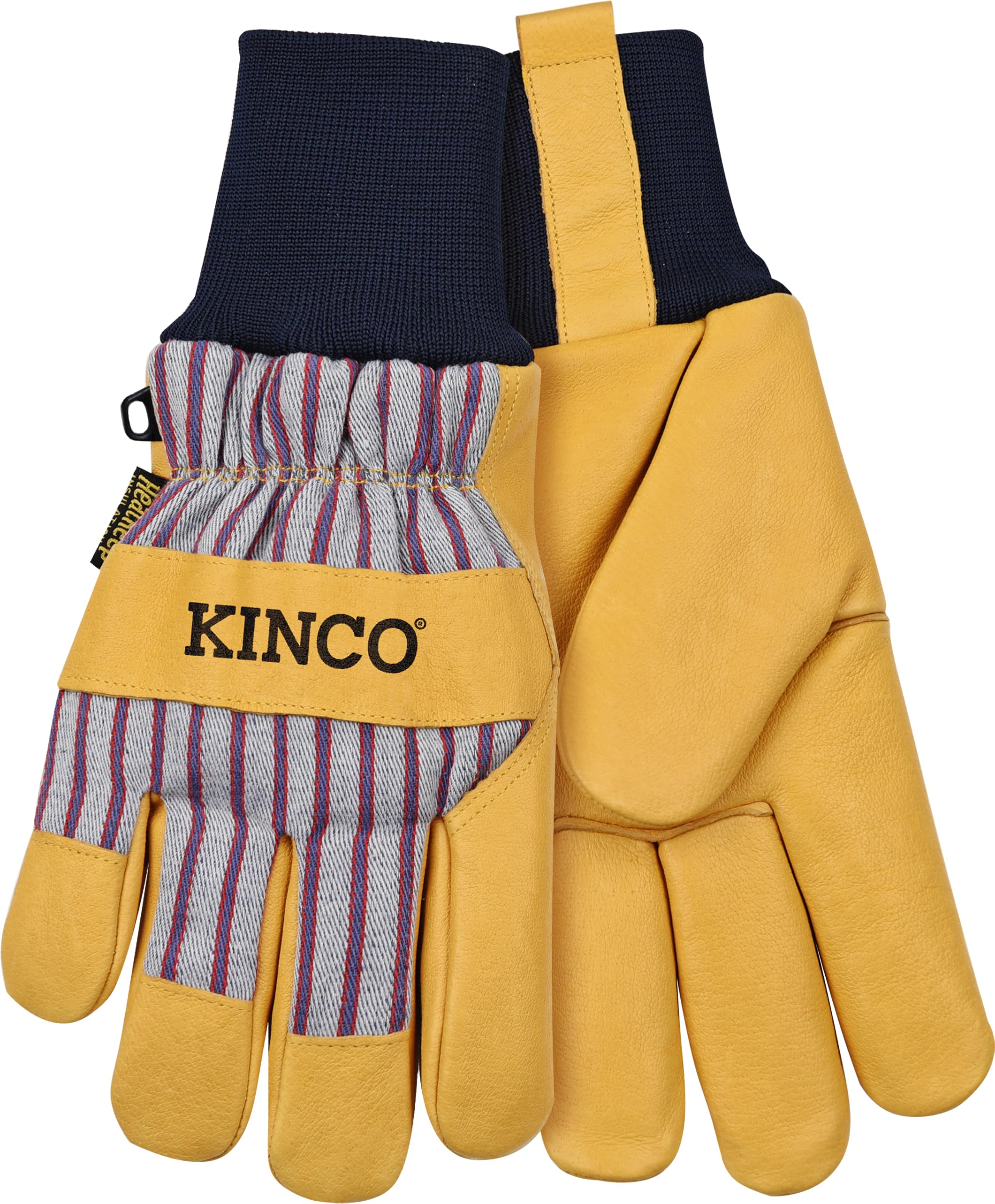 Kinco 1927KW-L knit wrist detail with leather pull-tab, emphasizes warmth retention and easy on/off.