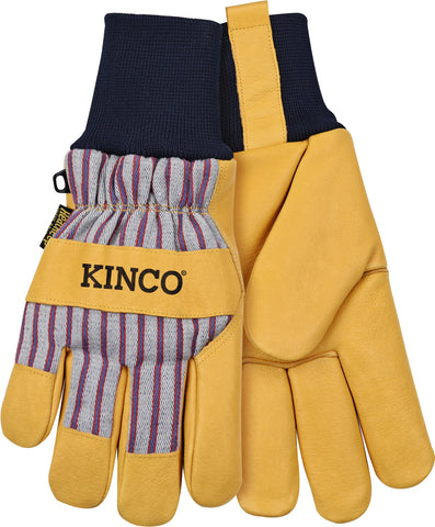 Kinco 1927KW-L knit wrist detail with leather pull-tab, emphasizes warmth retention and easy on/off.