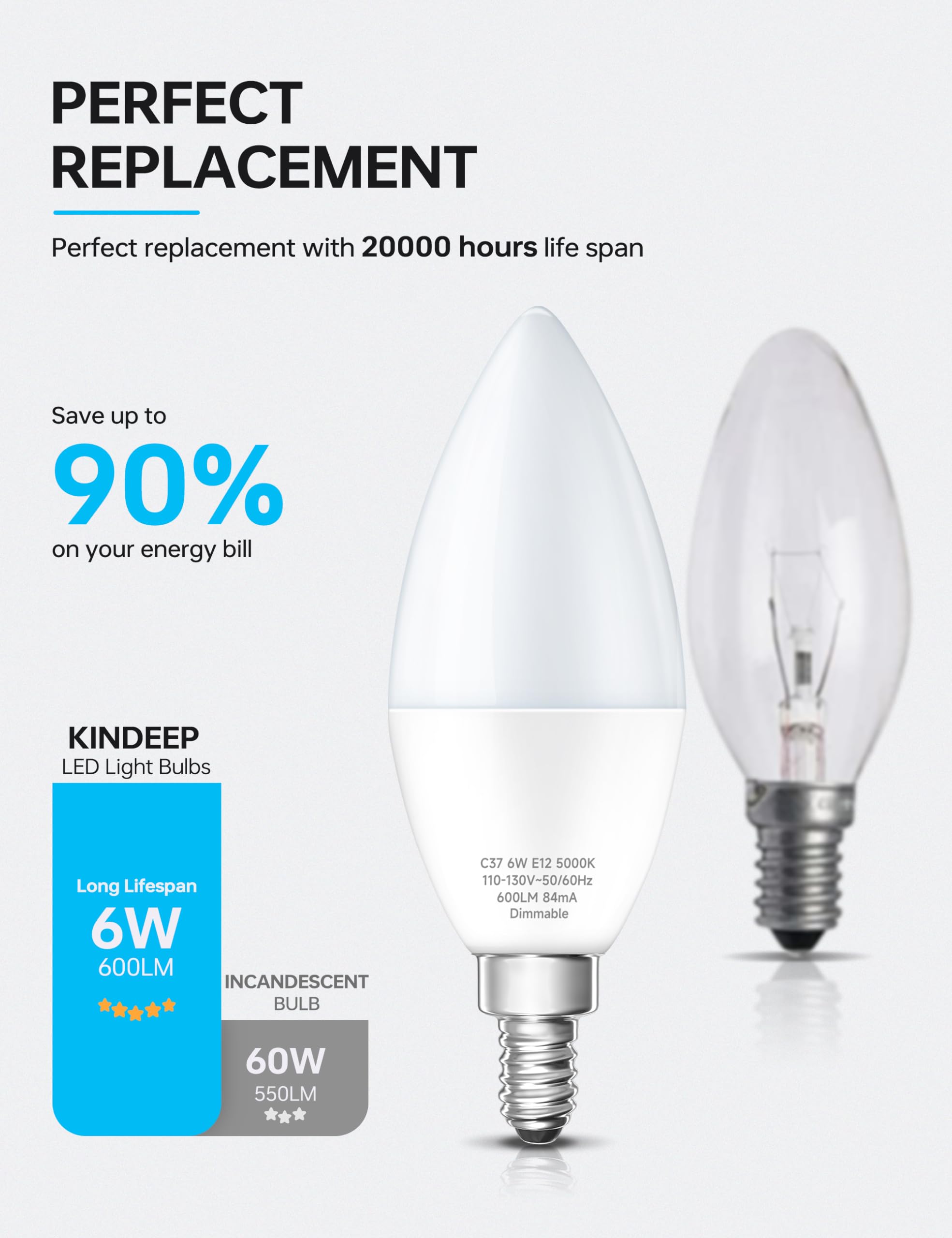 KINDEEP candle bulbs Type B suited for ceiling fans and fixtures.