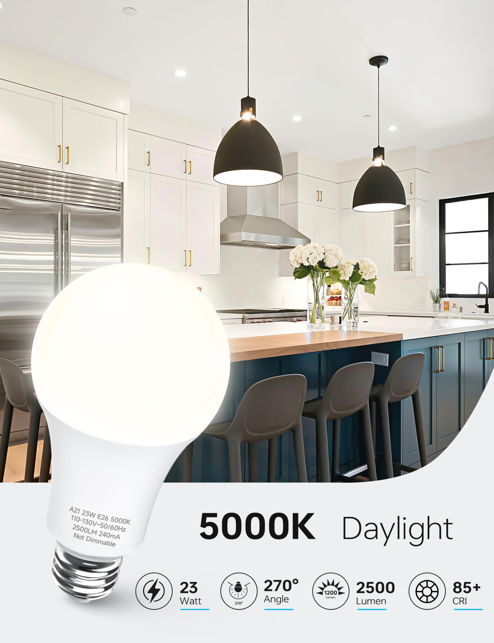 KINDEEP A21 LED bulb with 270-degree beam reduces shadows in stores and garages.